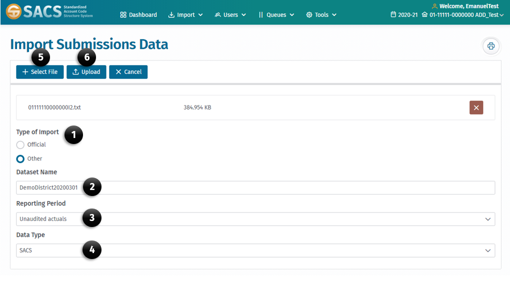 Single Import Submission dialog box displaying fields and buttons used to upload a single submission. 