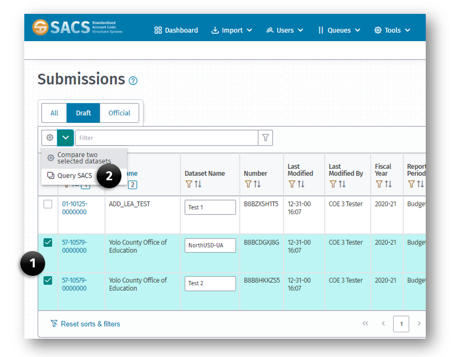 The submissions page displaying (1) the submissions checkbox and the drop-down list (2) which includes the Compare Two Selected Datasets option and the Query SACS option.
