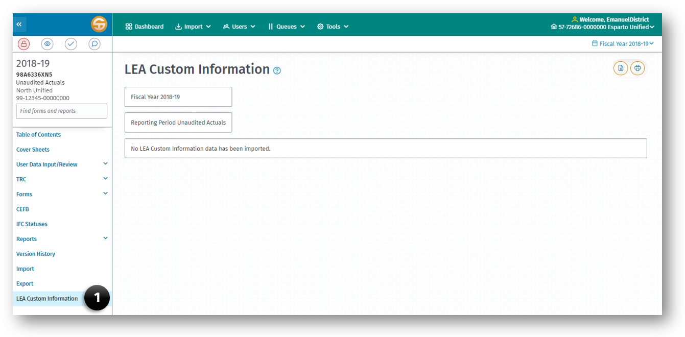 LEA Custom Information page displaying the LEA Custom Information link (1) selected on the left navigation pane.