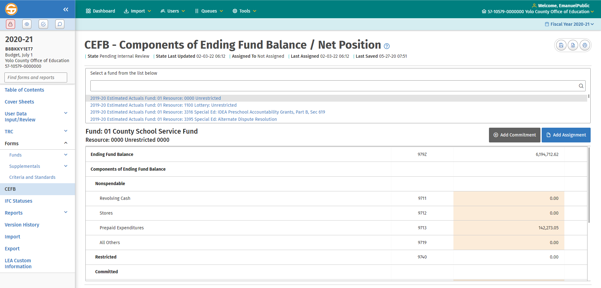 Components of Ending Fund Balance/Net Position screen 