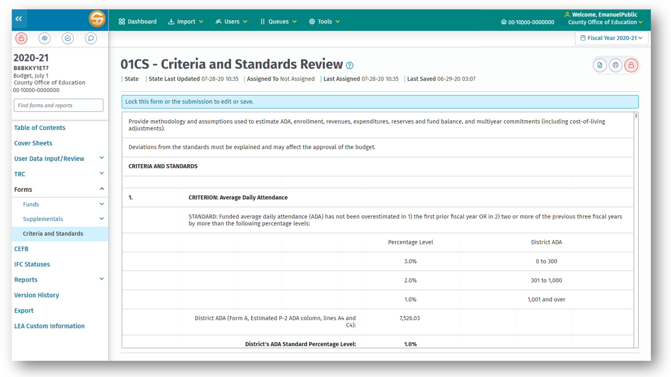 Image of the Criteria and Standards Review form 01CS