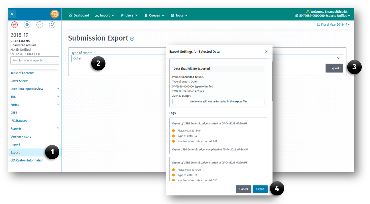 Submission Data Export screen displaying the 4 step export process and the Export Settings for Selected Data dialog box