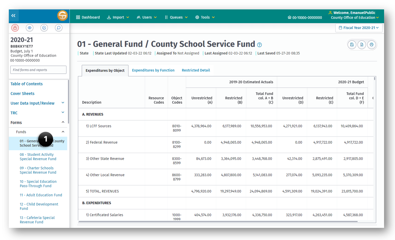 Forms page with the navigation pane highlighted to show item 1 Forms and Funds link.