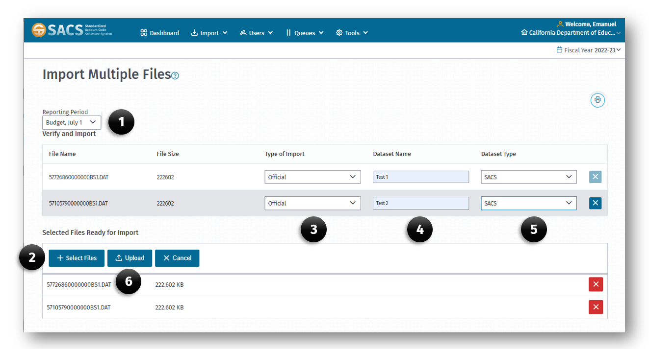 Multiple Import Submission dialog box displaying fields and buttons used to upload a single submission. 