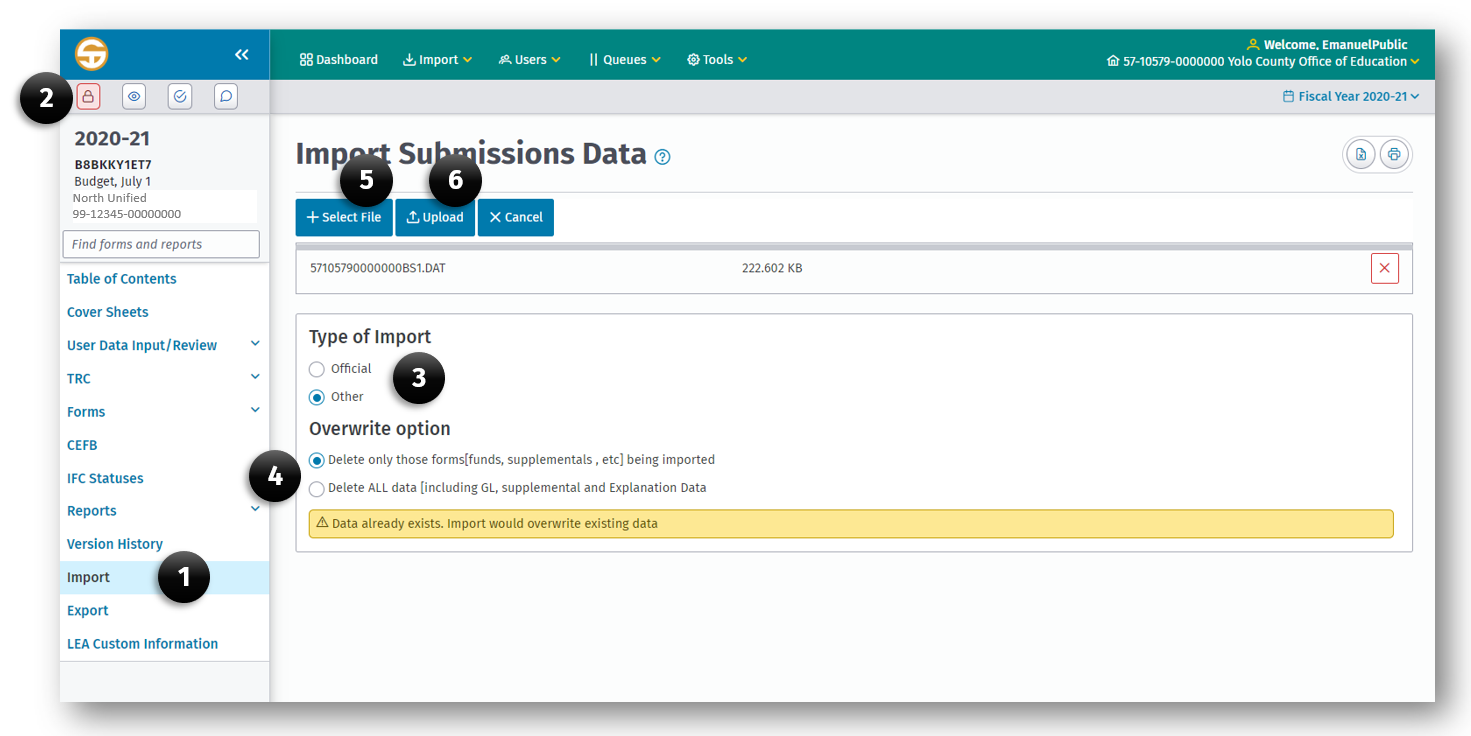 Import Other Data or Overwrite Data screen displaying fields and buttons used to upload a single submission. 
