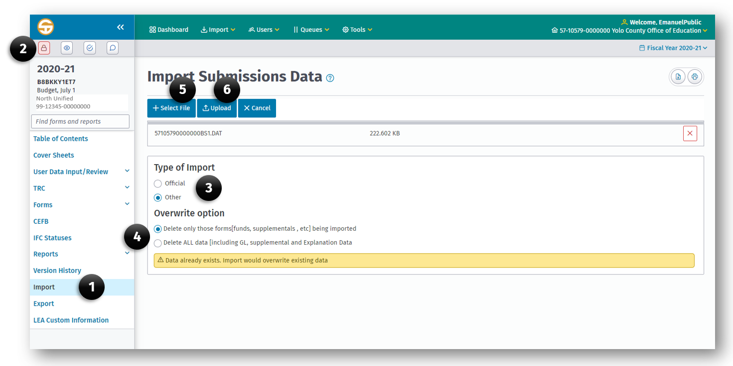 Import Submission  Data screen displaying the 6 steps required to import a submission described below.