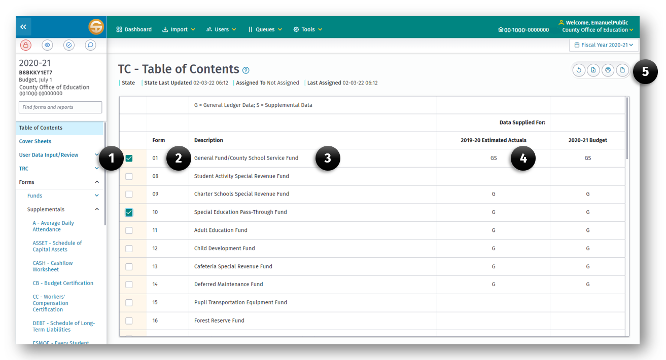 Table of Contents form displaying elements of the page as described below.