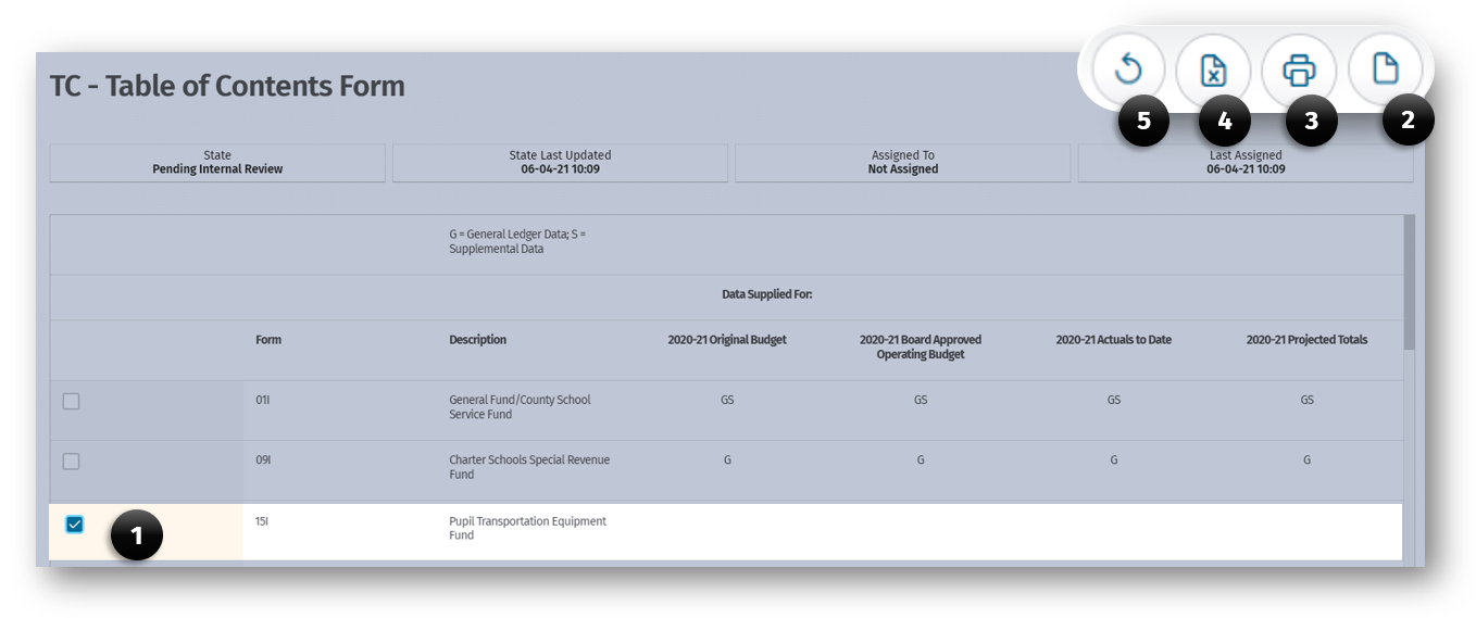 Table of Contents Form displaying the 5 steps required to print or export the Table of Contents 