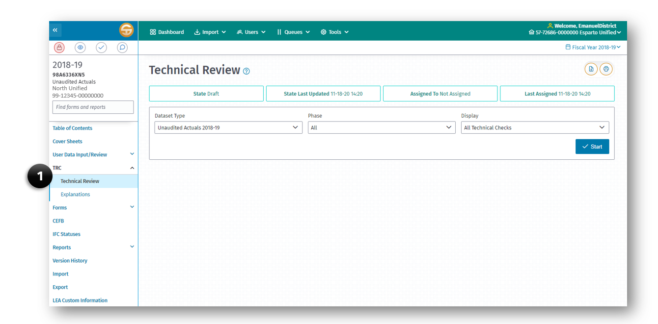 Technical Review Checks page displaying the TRC option on the left navigation pane
