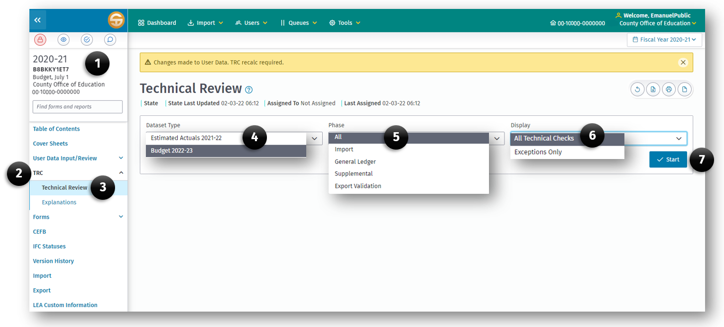 Technical Review page displaying 7 elements explained below which are necessary to run the TRC. 