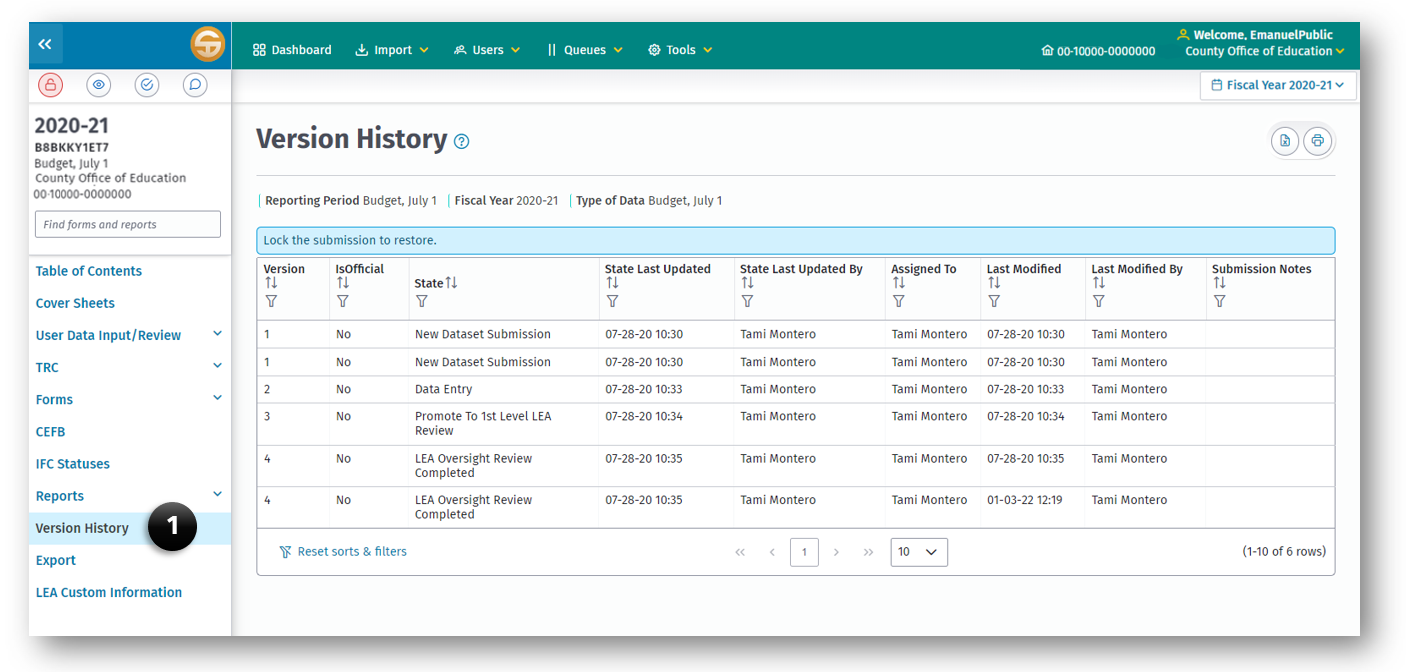 Version History page displaying the Version History link (1) on the left Navigation pane.
