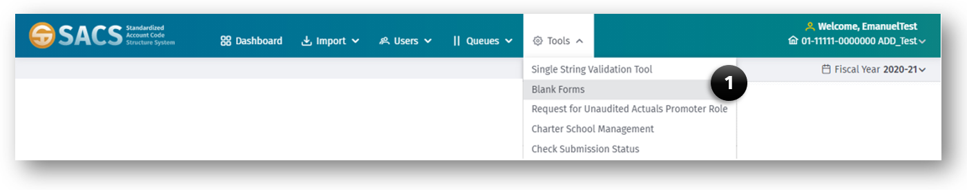 Tools menu displaying the Blank Forms option (1) selected.