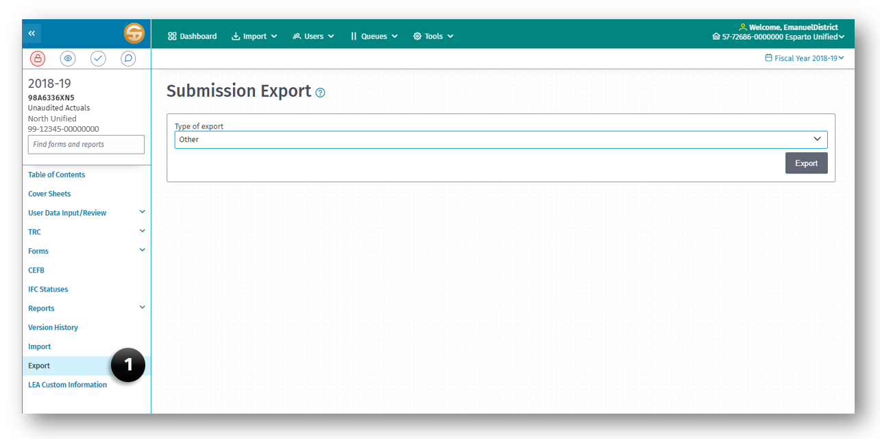 Submission Data Export screen with the Export link (1) selected on the left navigation pane.