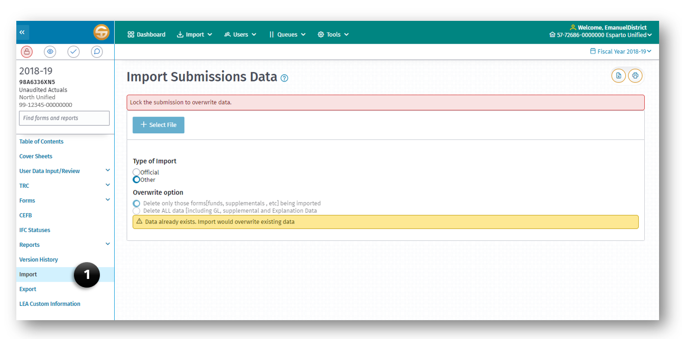 Submission Data Import screen with the Import link (1) selected on the left navigation pane.
