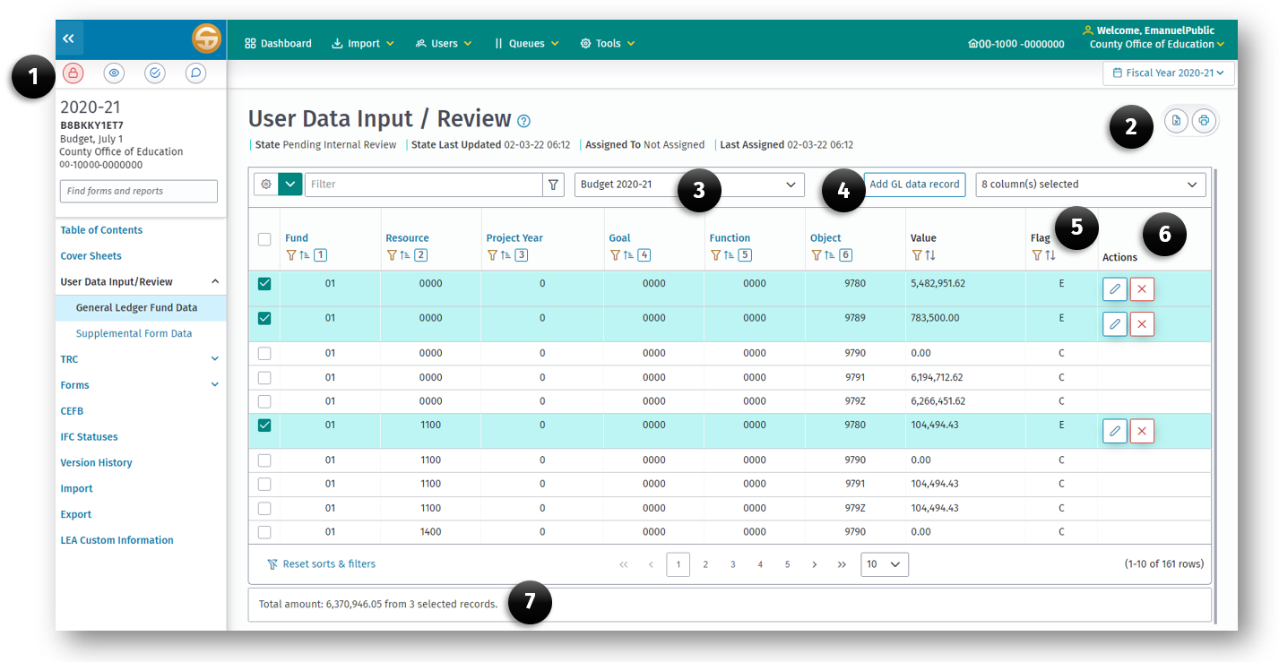 User Data Input Review screen displaying six elements of the page as described below.
