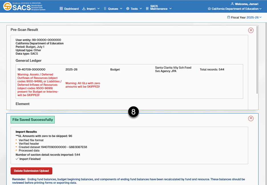 Post Import screen displaying the Pre-scan results, and the import results.
