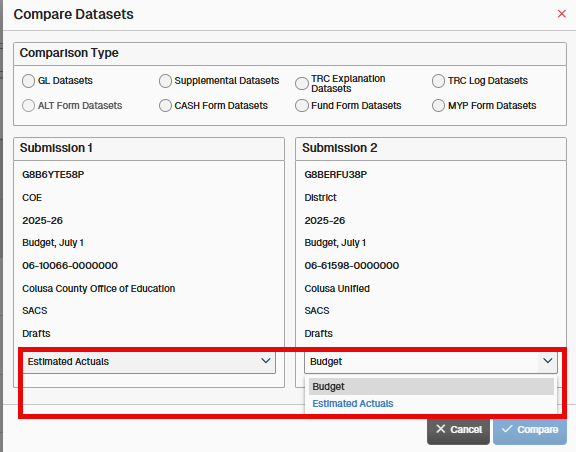 The Compare datasets screen displaying selected data types.
