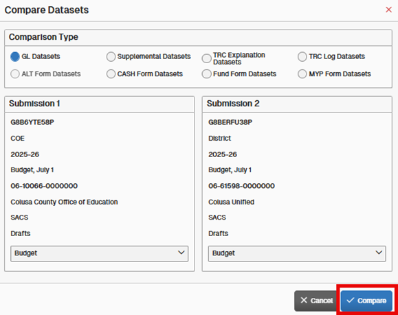 The compare datasets screen displaying all fields filled out and pointing at the Compare button.