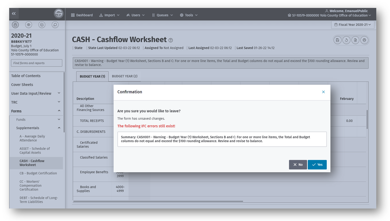 IFC confirmation dialog box displaying all unresolved errors on the current form