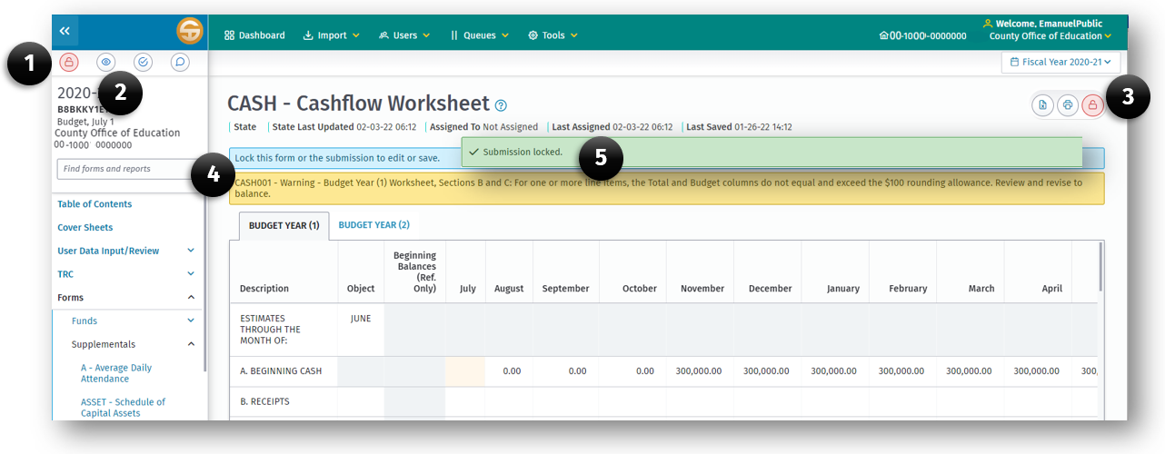 Submission form with 5 elements highlighted