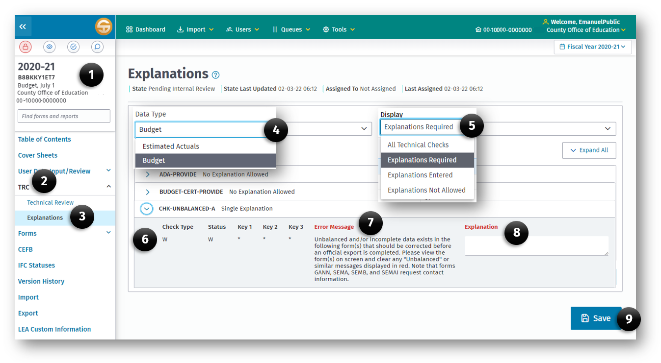 TRC Explanation page displaying step by step instructions on how to view and add TRC explanations as explained below.