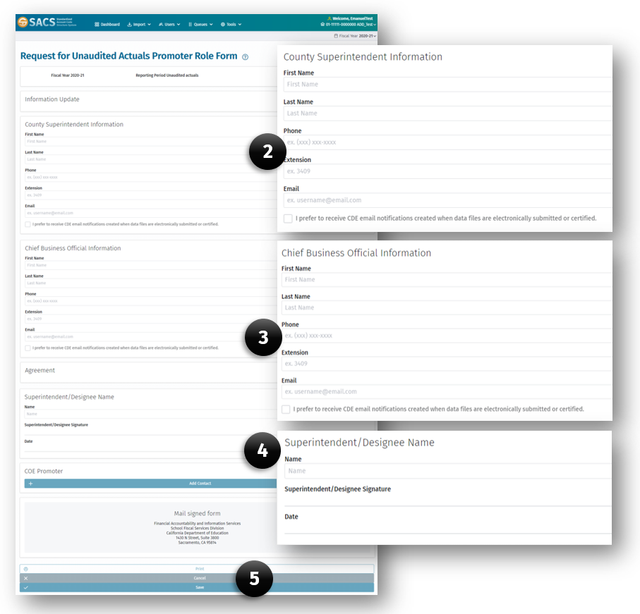 Request for Unaudited Actuals Promoter Role Form displaying fields for the County Superintendent Information (2), CBO Information (3), and Superintendent signature (4). Additionally the Save button (5) is available at the bottom of the form.
