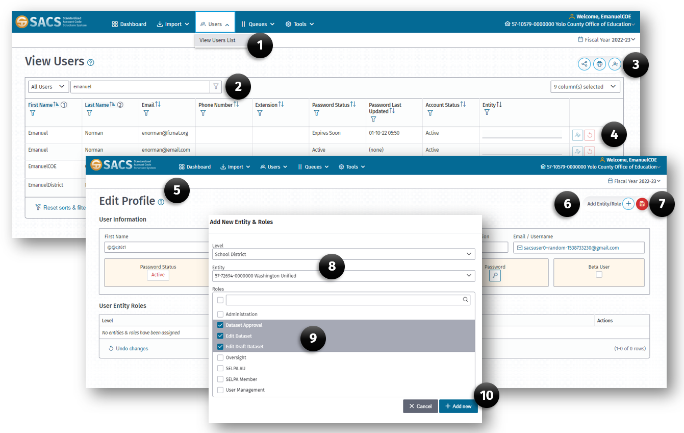 View User list (1) option with Users menu displayed on the View USers page and the Edit Profiles page  displaying the Add/Edit Roles (6) and the Save All Changes (7) button.