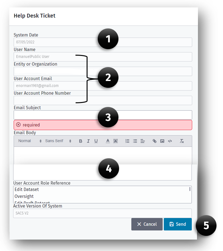 Help Desk Ticket dialog box  with several fields described below that a user must complete including a description of the issue or problem in order for the technical team to better understand and correct the issue. This dialog box works like an email client.