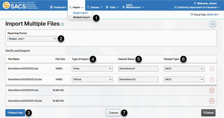 Multiple Import Submission dialog box displaying fields and buttons used to upload a single submission.