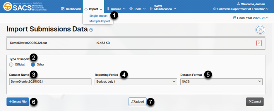 Import Submission Data screen displaying the Import tab and import options.