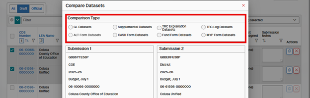 The Compare dataset screen displaying all available options listed