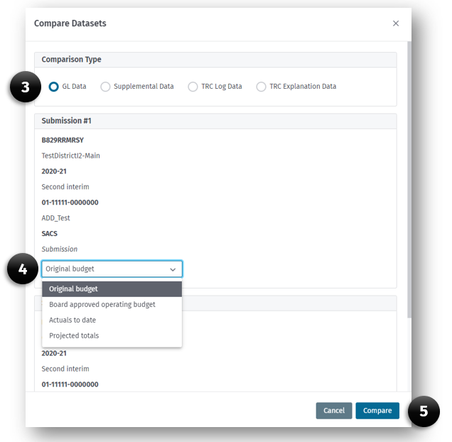 Compare Dataset dialog box displaying the Comparison Type (3) radial buttons, the Data Type drop-down list (4), and the Compare button (5).