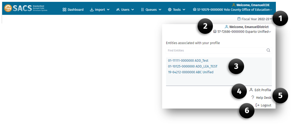 User Profile menu displaying 6 items described below.