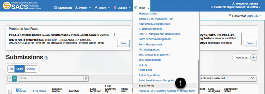 Tools menu displaying the Blank Forms option (1) selected.